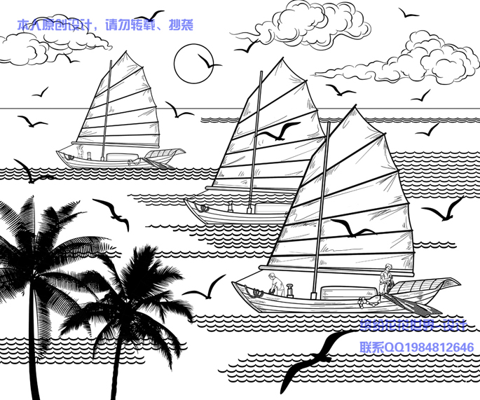 海上远航捕鱼 白描