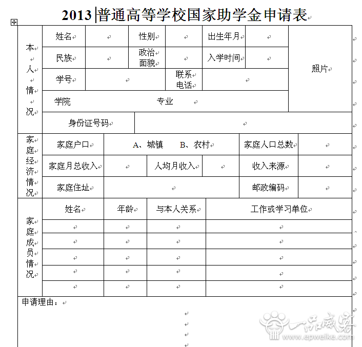 国家助学金申请表