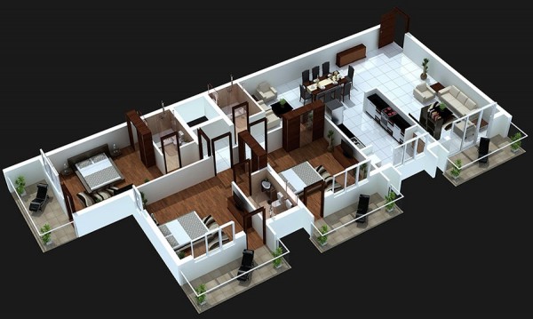 三居室户型装修3D布局效果图欣赏 三居室房屋设计效果图