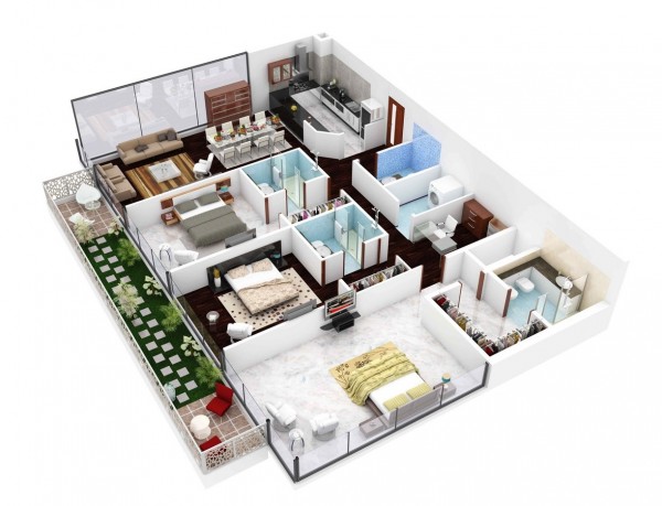 三居室户型装修3D布局效果图欣赏