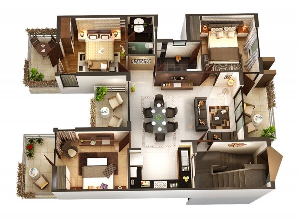 三居室户型装修3D布局效果图欣赏