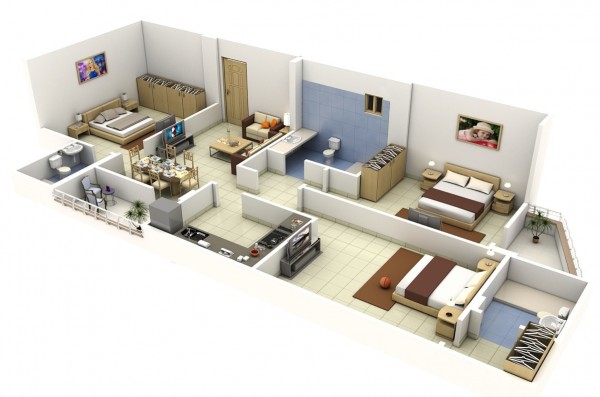 三居室户型装修3D布局效果图欣赏
