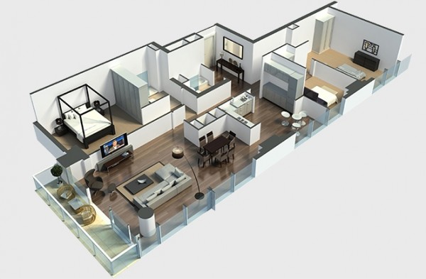 三居室户型装修3D布局效果图欣赏