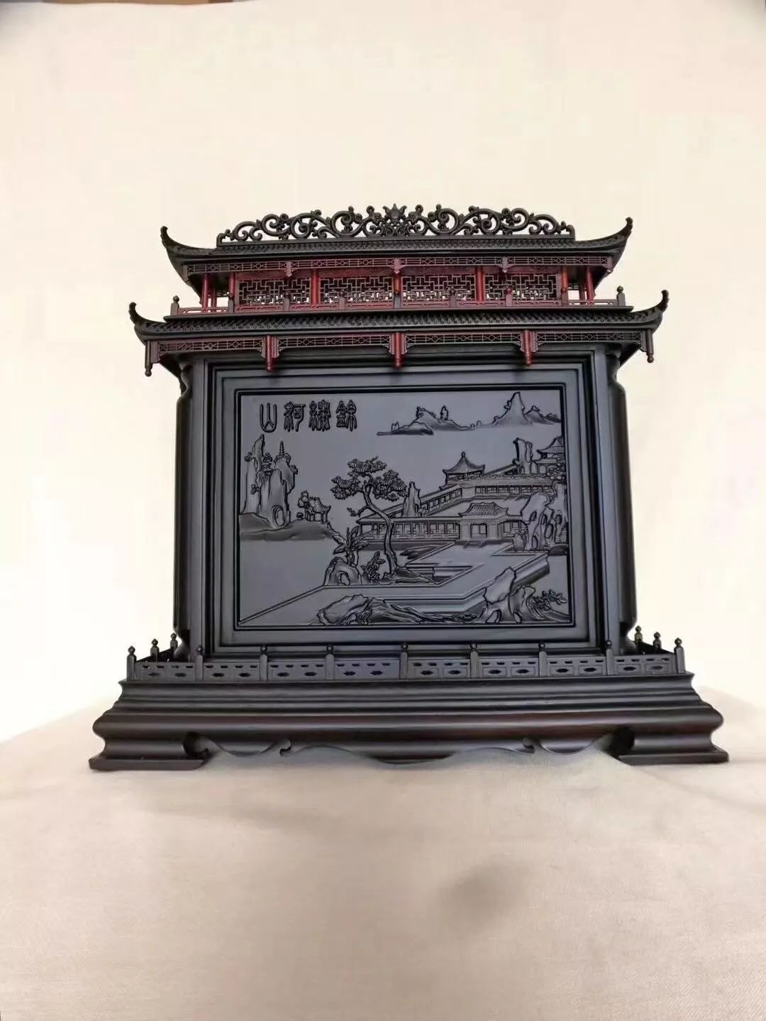 紫光檀仿古雕花屏风摆件