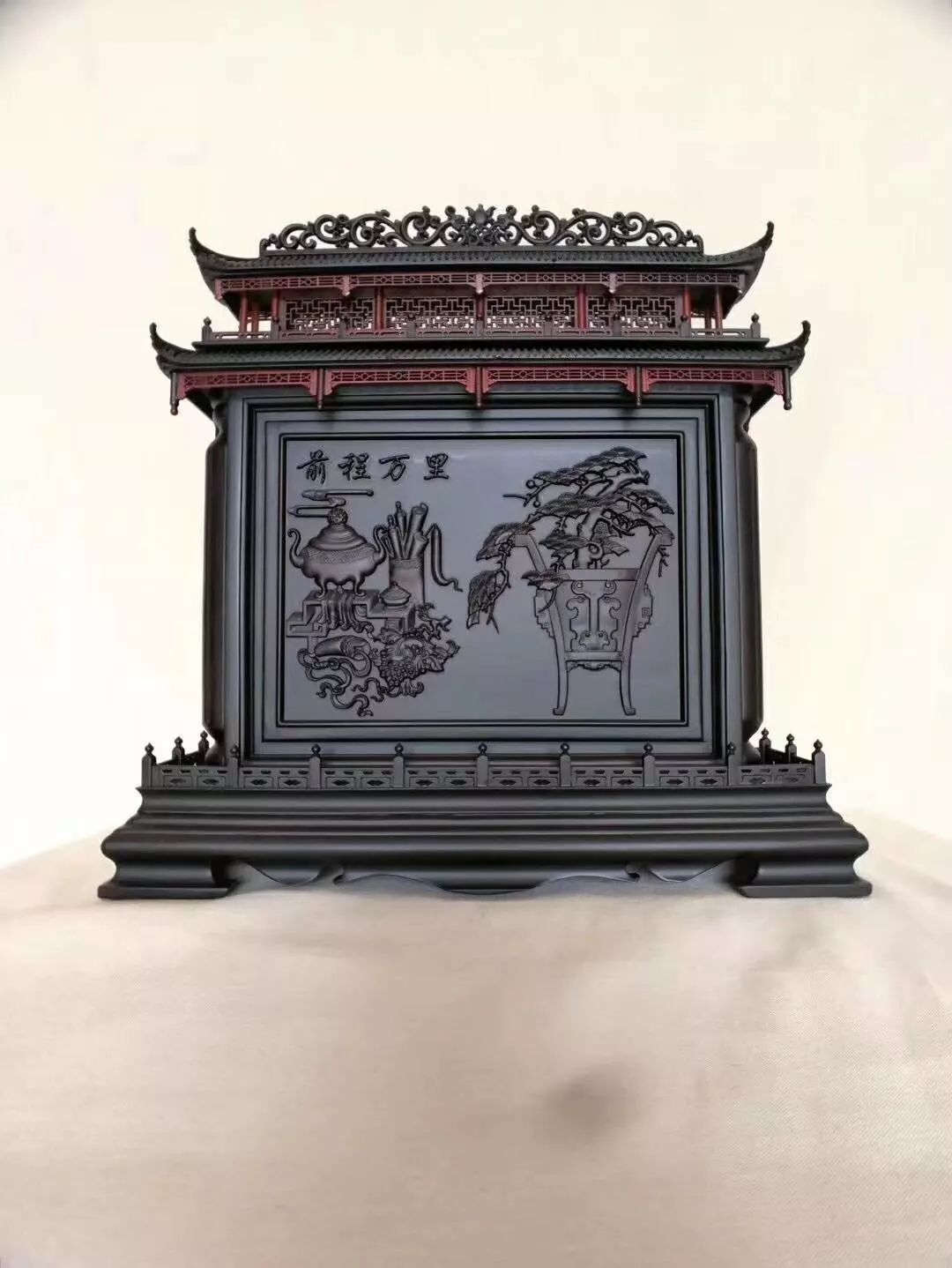 紫光檀仿古雕花屏风摆件