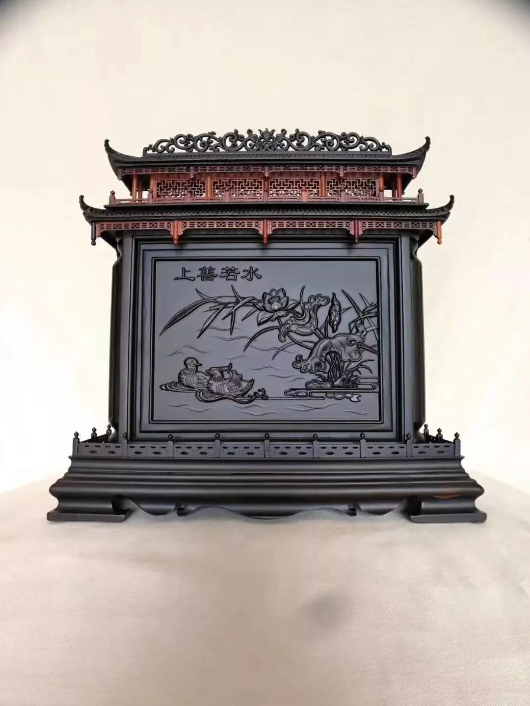 紫光檀仿古雕花屏风摆件