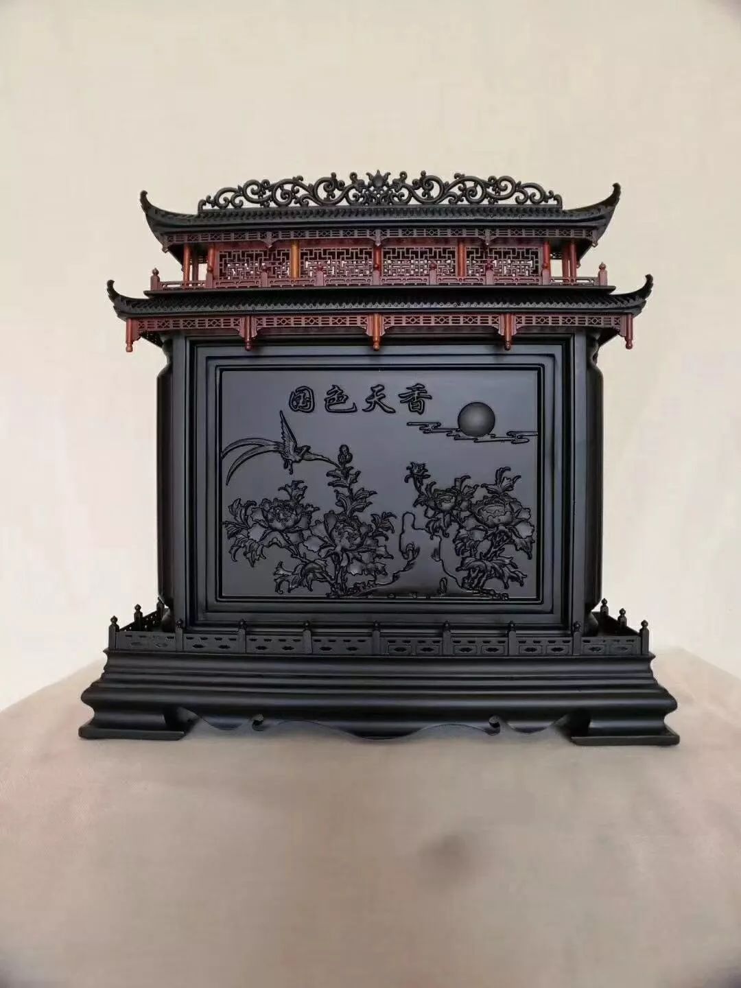 紫光檀仿古雕花屏风摆件