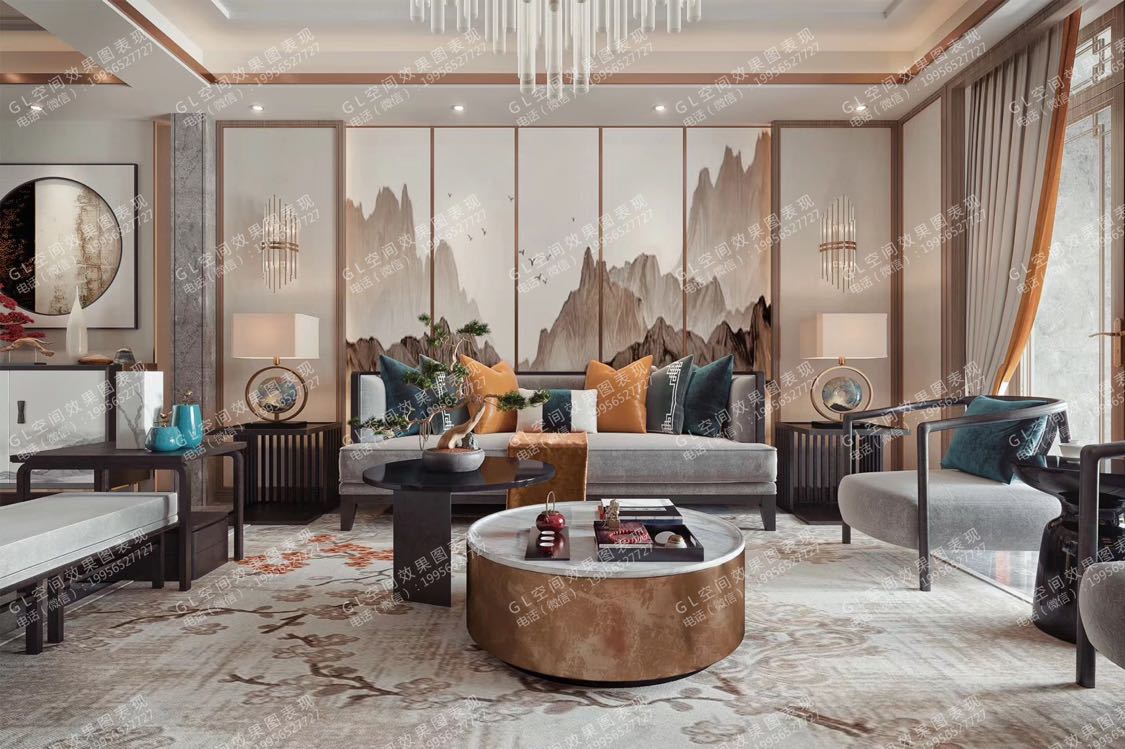 新中式客厅、卧室、次卧效果图