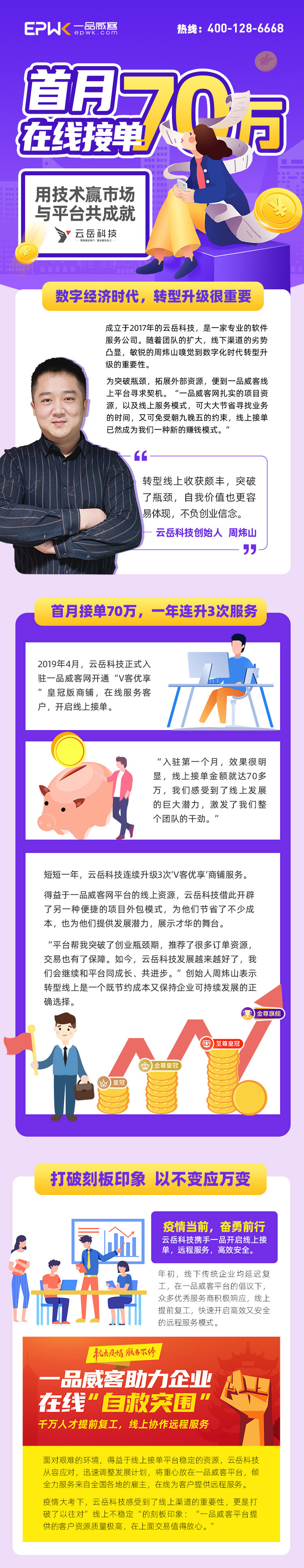 首月在线接单70万,一年连升3次服务