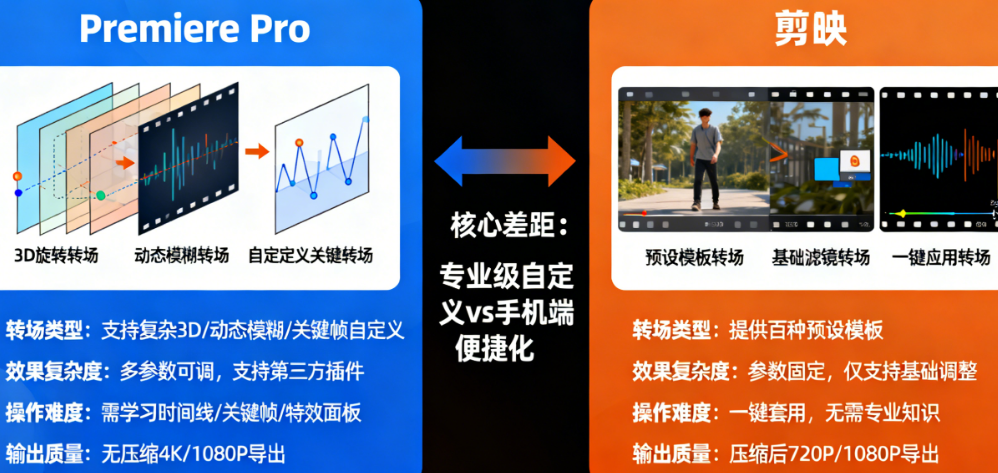 Premiere Pro vs. 剪映：高级转场制作，专业软件和手机APP差距究竟有多大？