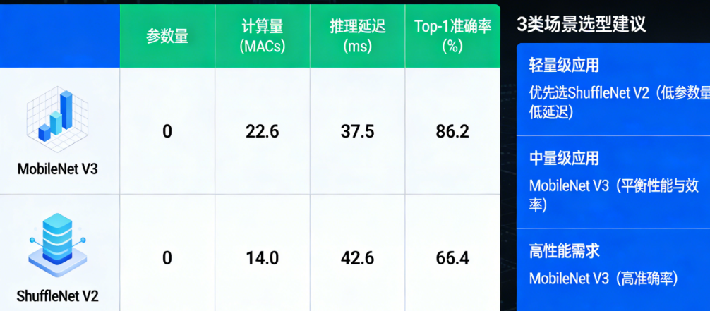 MobileNet V3 vs ShuffleNet V2:移动端部署的4项关键指标与3类场景选型建议