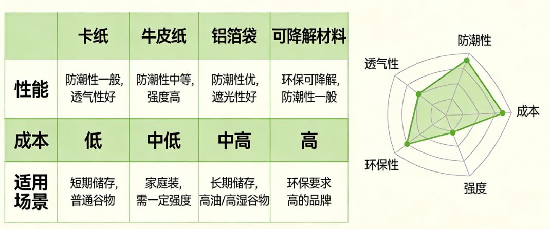 谷物包装材质怎么选?卡纸、牛皮纸、铝箔袋、可降解材料的性能、成本与适用场景对比