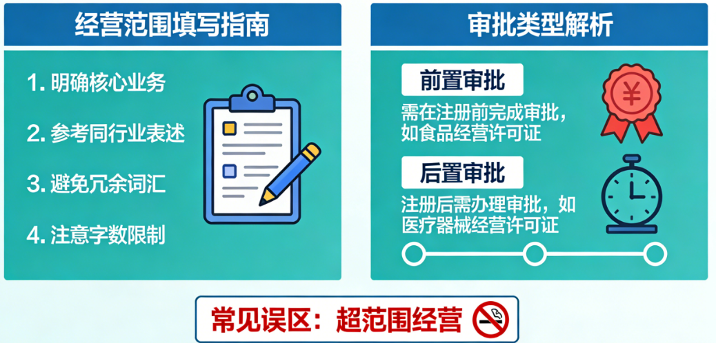 新手注册公司:经营范围怎么写?前置/后置审批全解析