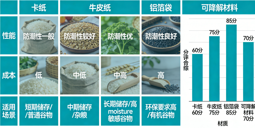 谷物包装材质怎么选?卡纸、牛皮纸、铝箔袋、可降解材料的性能、成本与适用场景对比