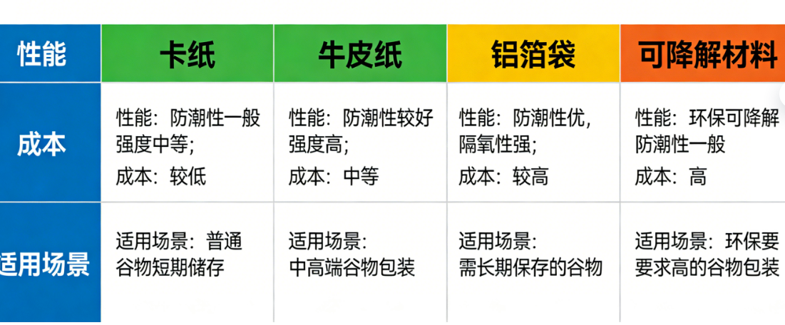 谷物包装材质怎么选?卡纸、牛皮纸、铝箔袋、可降解材料的性能、成本与适用场景对比