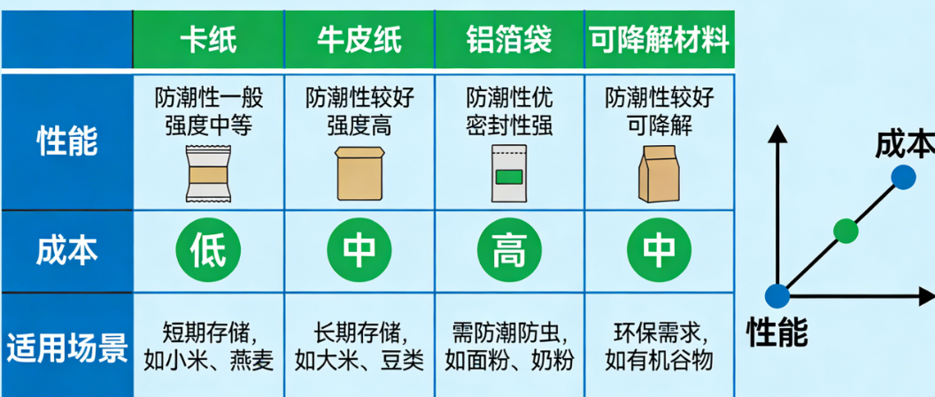 谷物包装材质怎么选？卡纸、牛皮纸、铝箔袋、可降解材料的性能、成本与适用场景对比