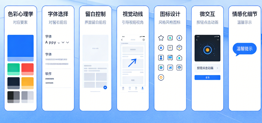 APP界面吸引用户的7个关键要素:色彩心理学、字体选择、留白控制、视觉动线、图标设计、微交互、情感化细节