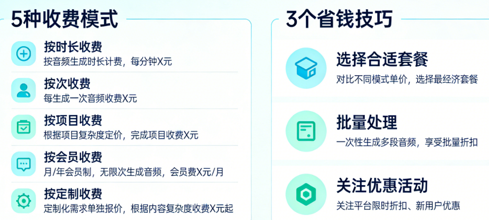 AI音频生成收费的5种模式与3个省钱技巧:从按时长到按次,哪种最适合你?