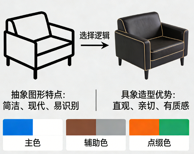沙发logo设计别纠结!抽象图形vs具象造型的选择逻辑与色彩搭配指南