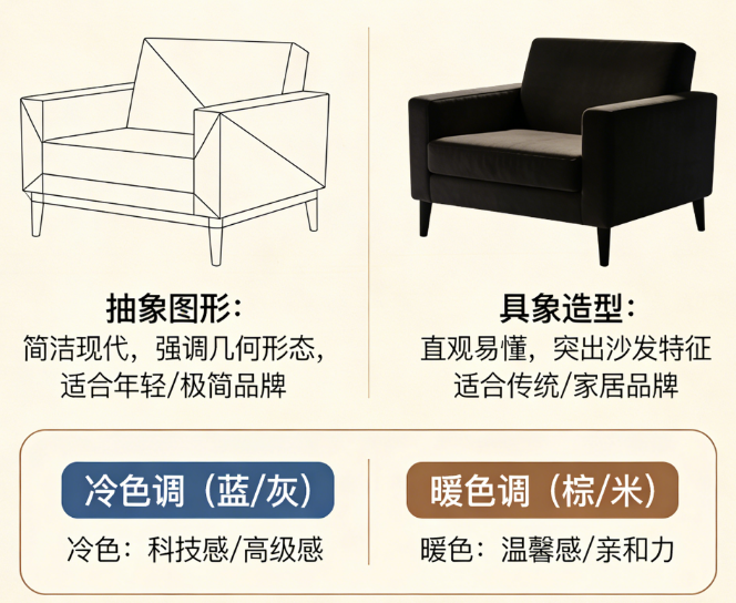 沙发logo设计别纠结!抽象图形vs具象造型的选择逻辑与色彩搭配指南