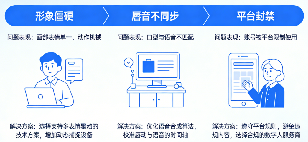 数字人定制避坑指南:形象僵硬、唇音不同步、平台封禁的3大雷区与解决方案