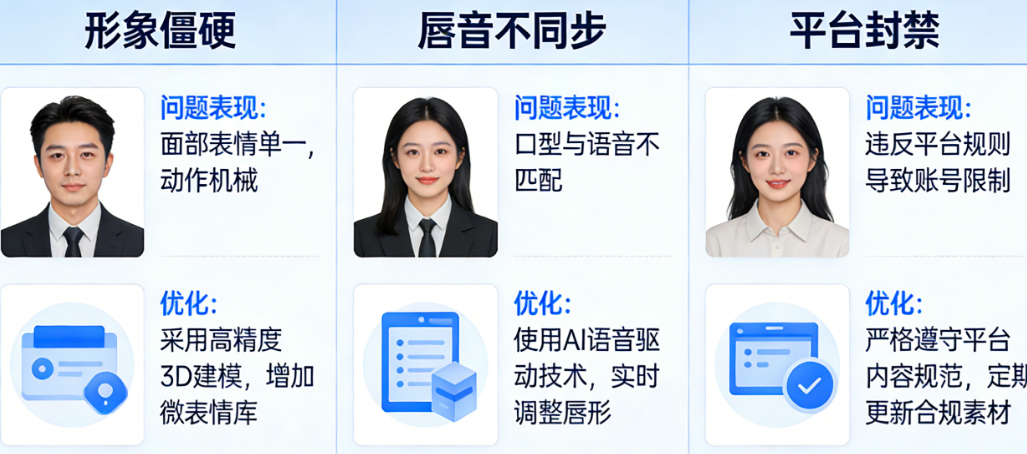 数字人定制避坑指南:形象僵硬、唇音不同步、平台封禁的3大雷区与解决方案