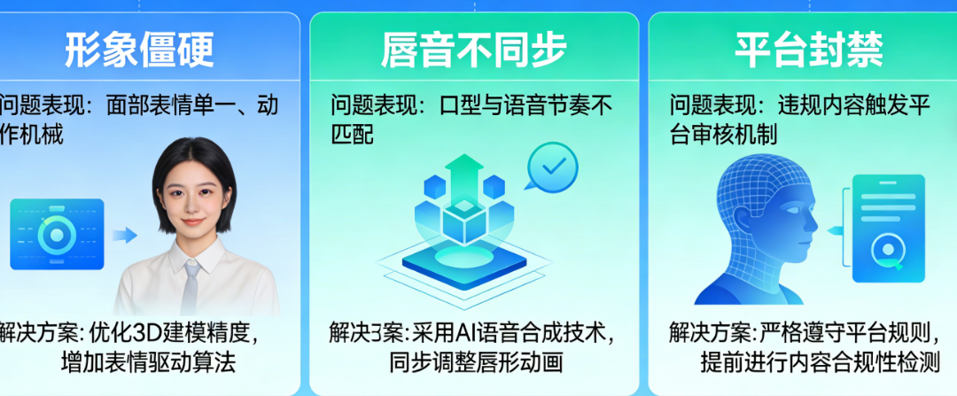 数字人定制避坑指南：形象僵硬、唇音不同步、平台封禁的3大雷区与解决方案