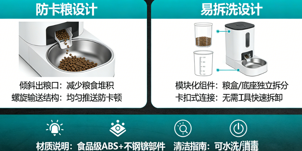别让喂食器成为卫生死角!智能宠物喂食器如何通过设计实现防卡粮、易拆洗