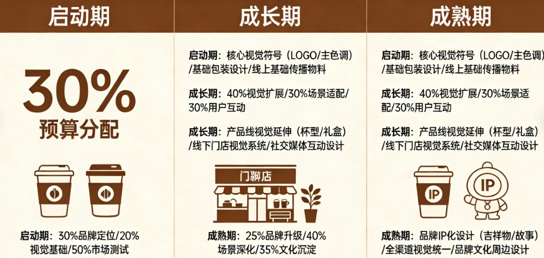 咖啡品牌设计分期投入策略：启动期、成长期、成熟期的预算分配与设计重点