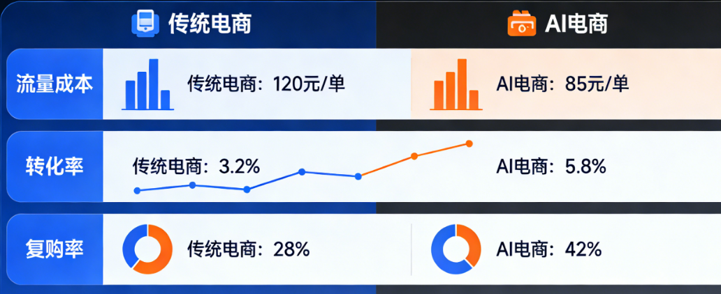 传统电商VS AI电商：流量成本、转化率、复购率的真实数据对比，看完就知道该往哪走
