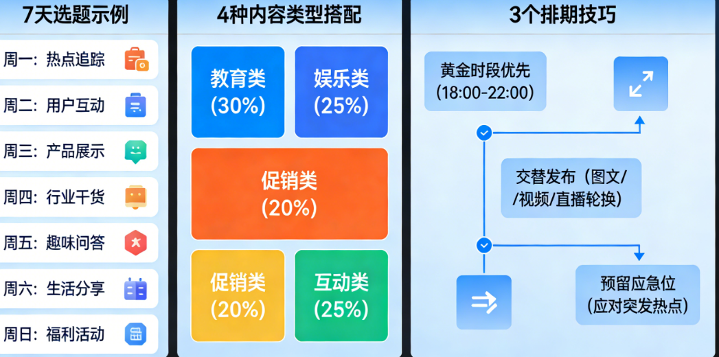 一周Facebook内容规划全解析：7天选题示例、4种内容类型搭配、3个排期技巧