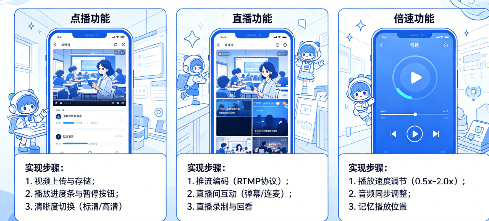 线上课程APP视频播放模块怎么实现?点播、直播、倍速如何开发?