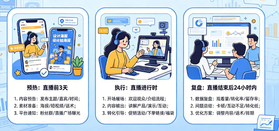 直播前中后要做哪些工作?预热、执行、复盘全流程拆解——直播全周期工作指南