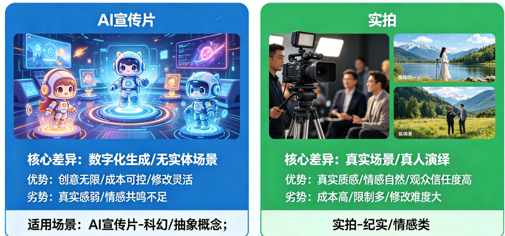 AI宣传片能取代实拍吗?揭秘两者的核心差异与各自优劣势