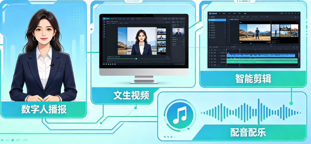彻底搞懂AI宣传片工具有哪些!数字人播报+文生视频+智能剪辑+配音配乐全解析