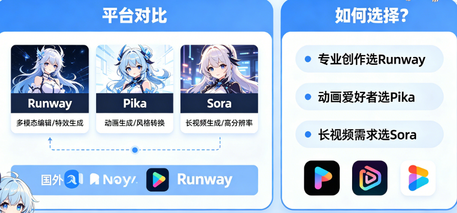 国外AI视频平台有哪些推荐?Runway、Pika、Sora怎么选?