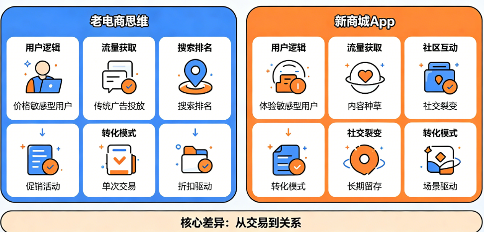 新商城App运营为什么不能用老电商思维?用户逻辑、流量获取、转化模式有何不同?
