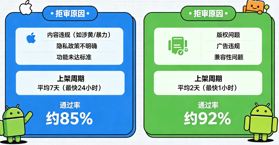 苹果App审核比安卓严多少?拒审原因、上架周期、通过率全面对比