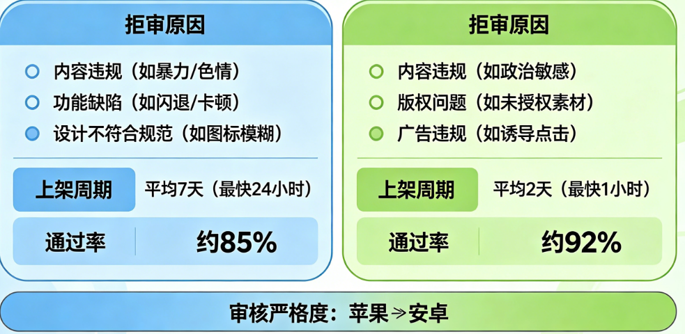 苹果App审核比安卓严多少?拒审原因、上架周期、通过率全面对比