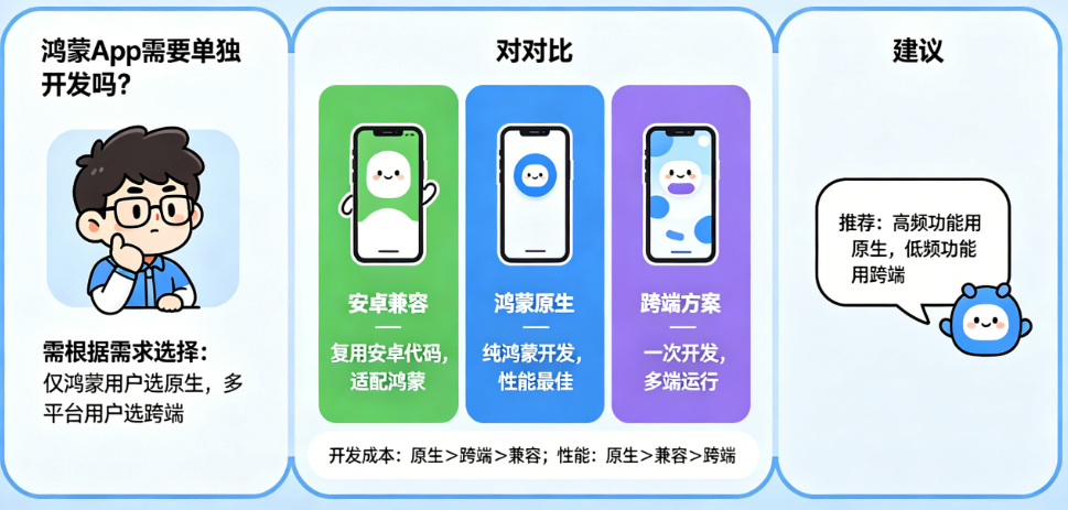 鸿蒙App需要单独开发吗?安卓兼容、鸿蒙原生、跨端方案怎么选?