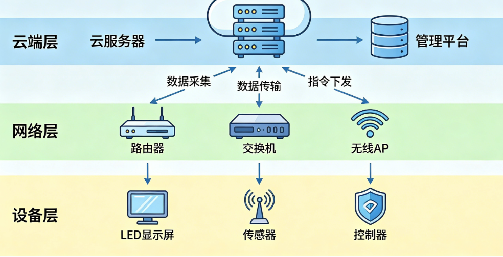 从设备到云端：数字多媒体亮化无线管控系统的三层架构与数据流转设计