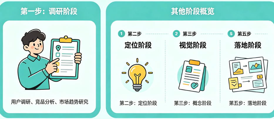 品牌设计策划第一步做什么?调研、定位、概念、视觉、落地5大阶段详解