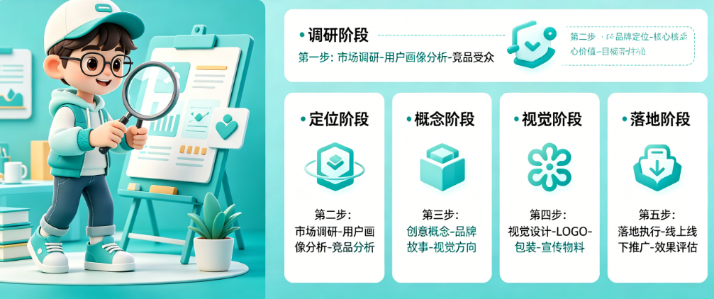 品牌设计策划第一步做什么?调研、定位、概念、视觉、落地5大阶段详解