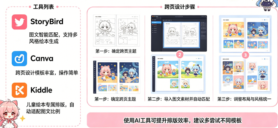 AI绘本排版工具有哪些?图文自动匹配、跨页设计怎么做?