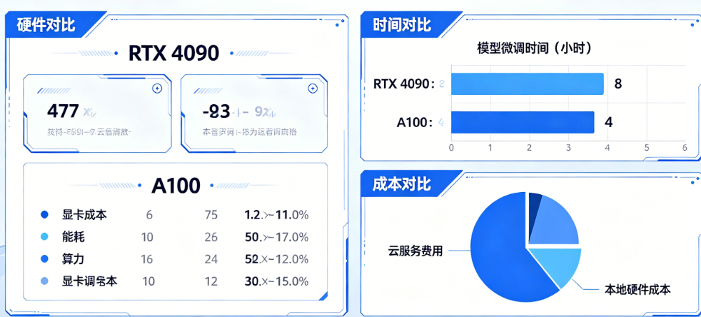 云微调还是本地跑?哪个更划算?时间要多久?——基于RTX 4090与A100的实测对比