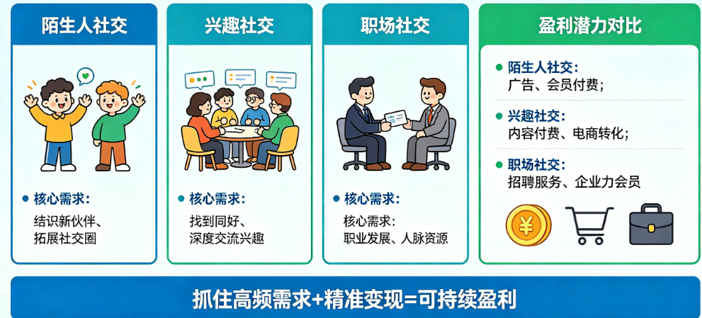 社交应用怎么抓住用户刚需?陌生人社交、兴趣社交、职场社交哪个能盈利?