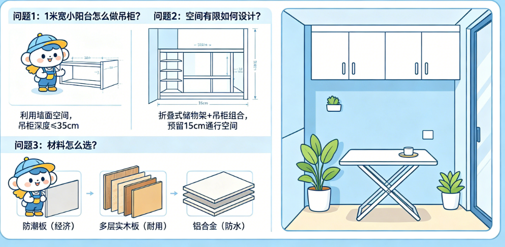 1米宽小阳台怎么做吊柜?空间有限如何设计?材料怎么选?