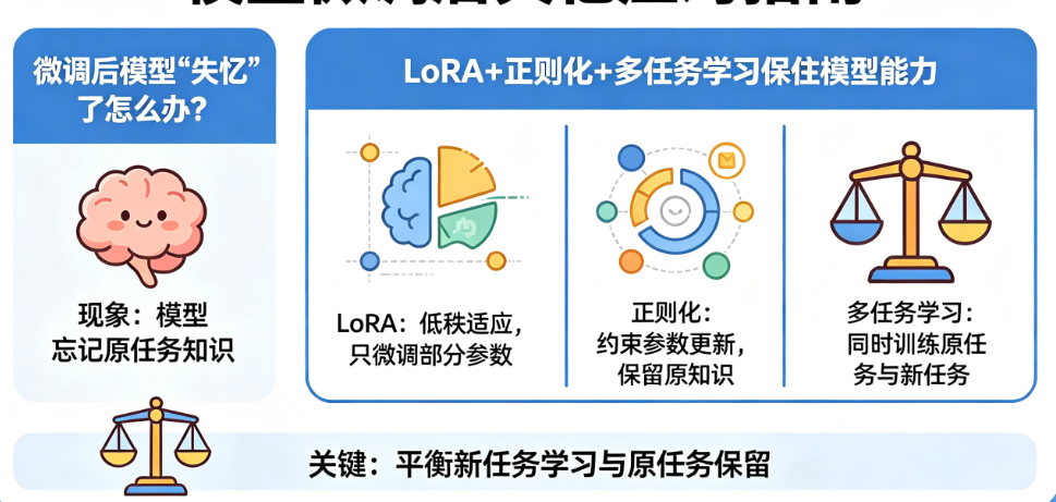 微调后模型“失忆”了怎么办?如何用LoRA+正则化+多任务学习保住模型能力?