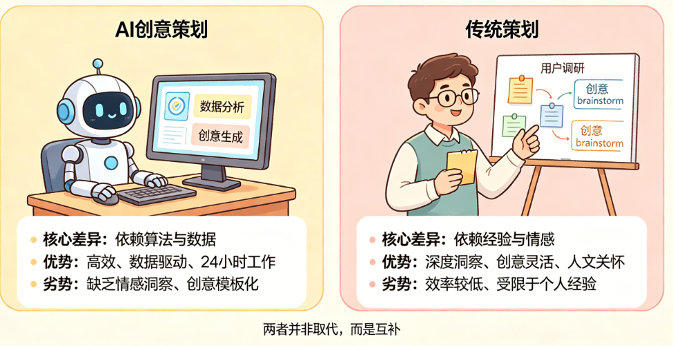 AI创意策划能取代传统策划吗?揭秘两者的核心差异与各自优劣势