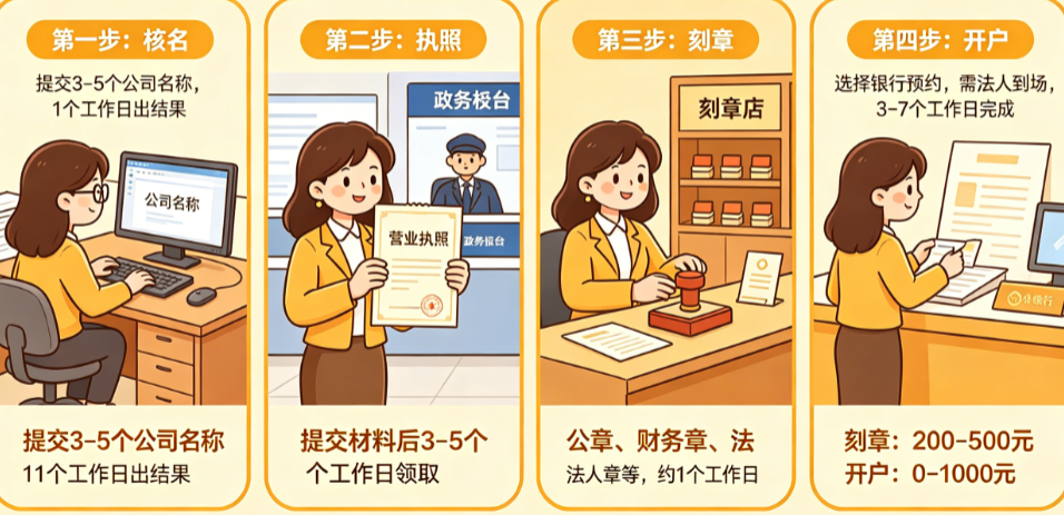 厦门小规模公司注册流程是什么?费用多少?核名、执照、刻章、开户全解析